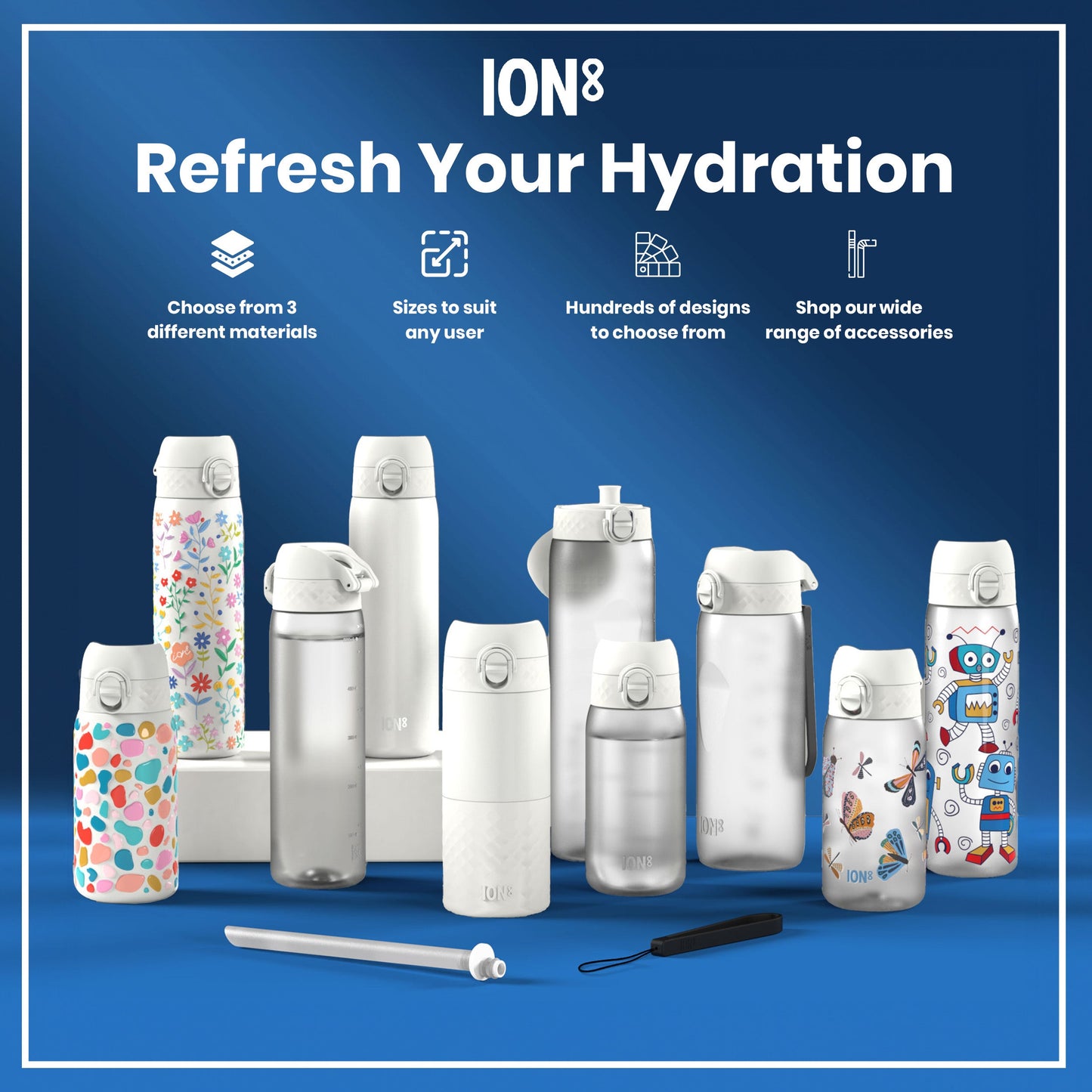 Leak Proof 1 Litre Water Bottle with Times to Drink, Recyclon, Ice, 1L