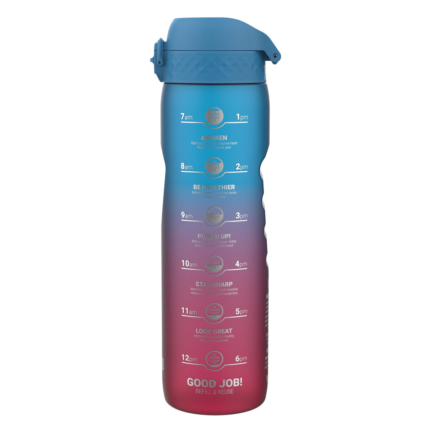 Leak Proof 1 Litre Water Bottle with Times to Drink, Recyclon, Blue & Pink, 1L