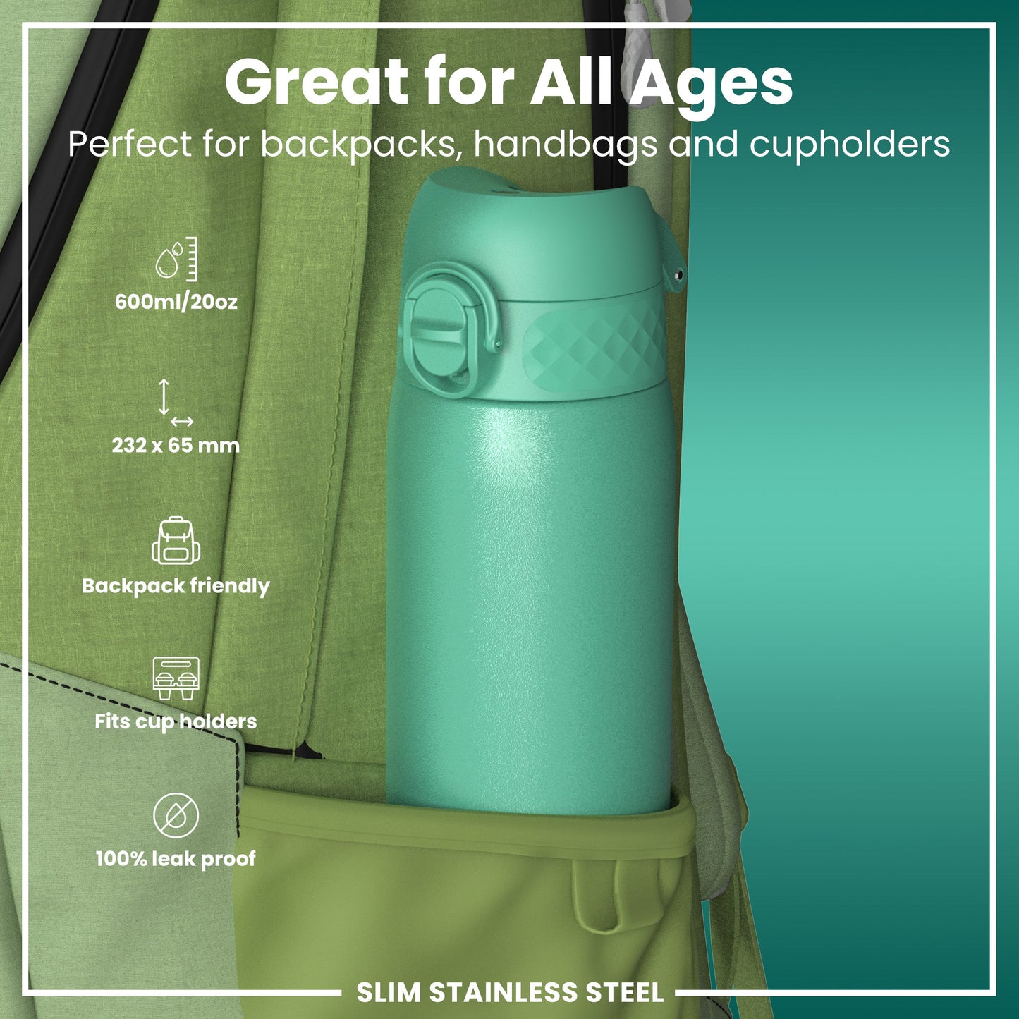 Leak Proof Slim Water Bottle, Stainless Steel, Teal, 600ml (20oz)