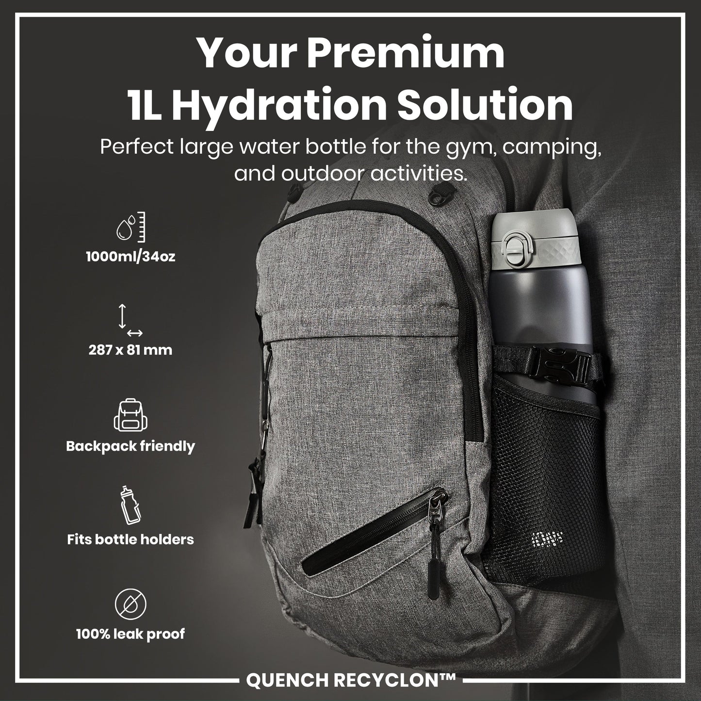 Leak Proof 1 litre Water Bottle, Recyclon, Grey, 1L