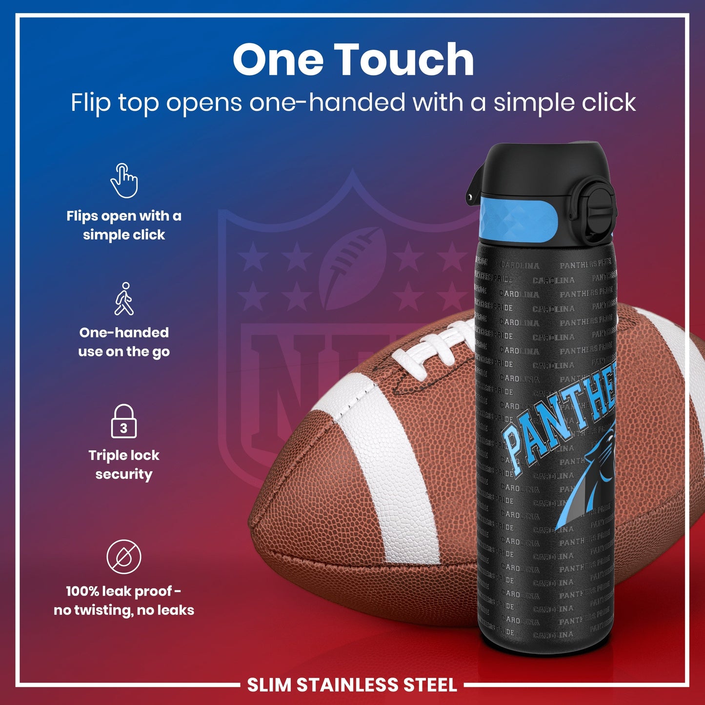 Leak Proof NFL Water Bottle, Stainless Steel, Carolina Panthers, 600ml (20oz)