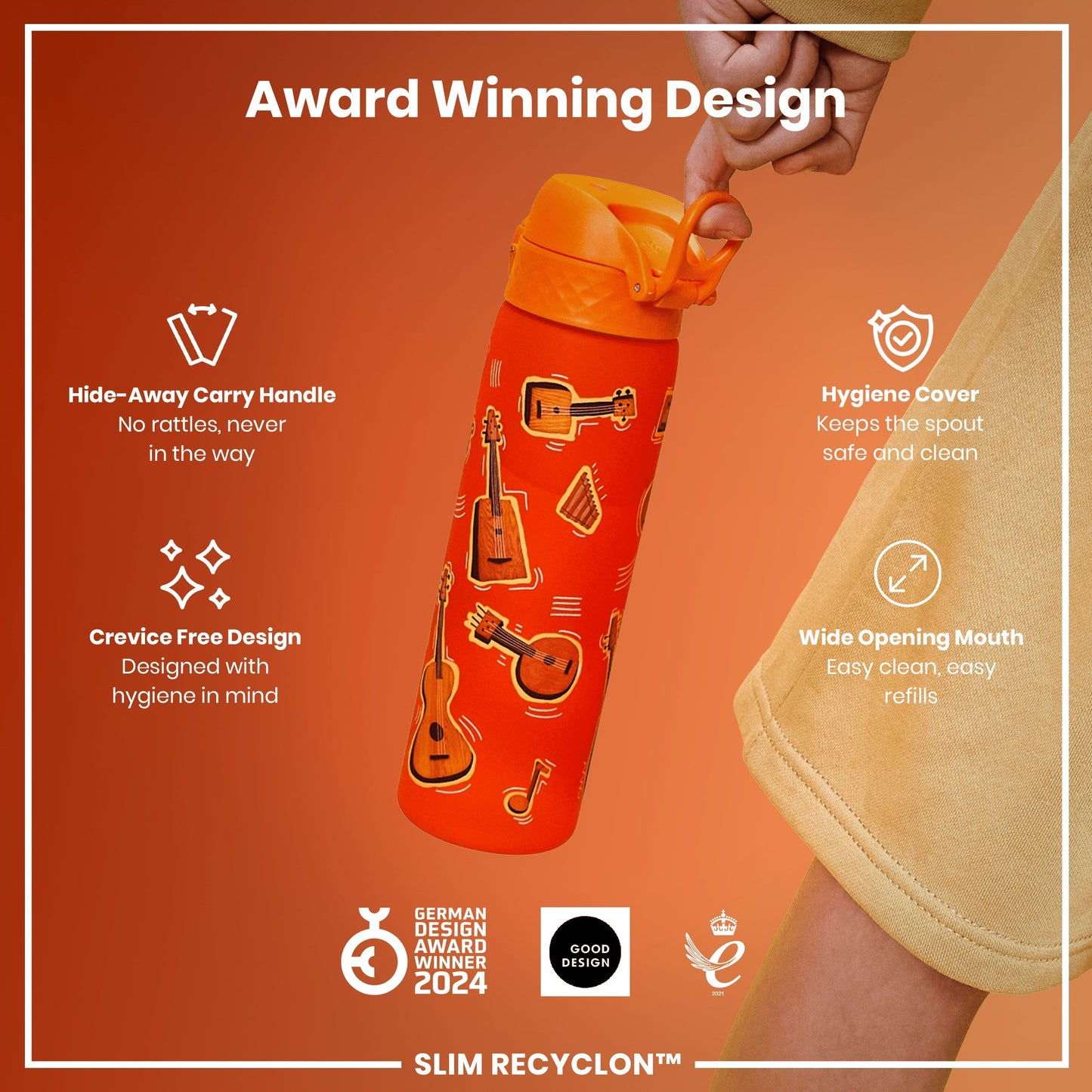 Leak Proof Slim Water Bottle, Recyclon, Music, 500ml (18oz)