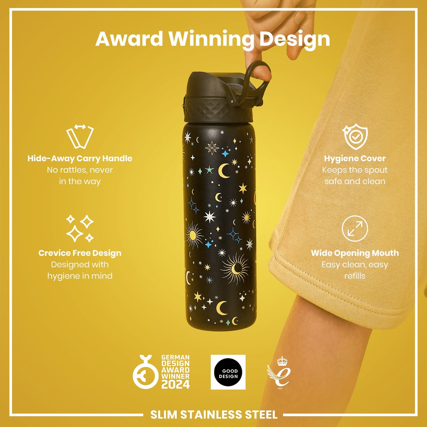 Leak Proof Slim Water Bottle, Stainless Steel, Celestial, 600ml (20oz)