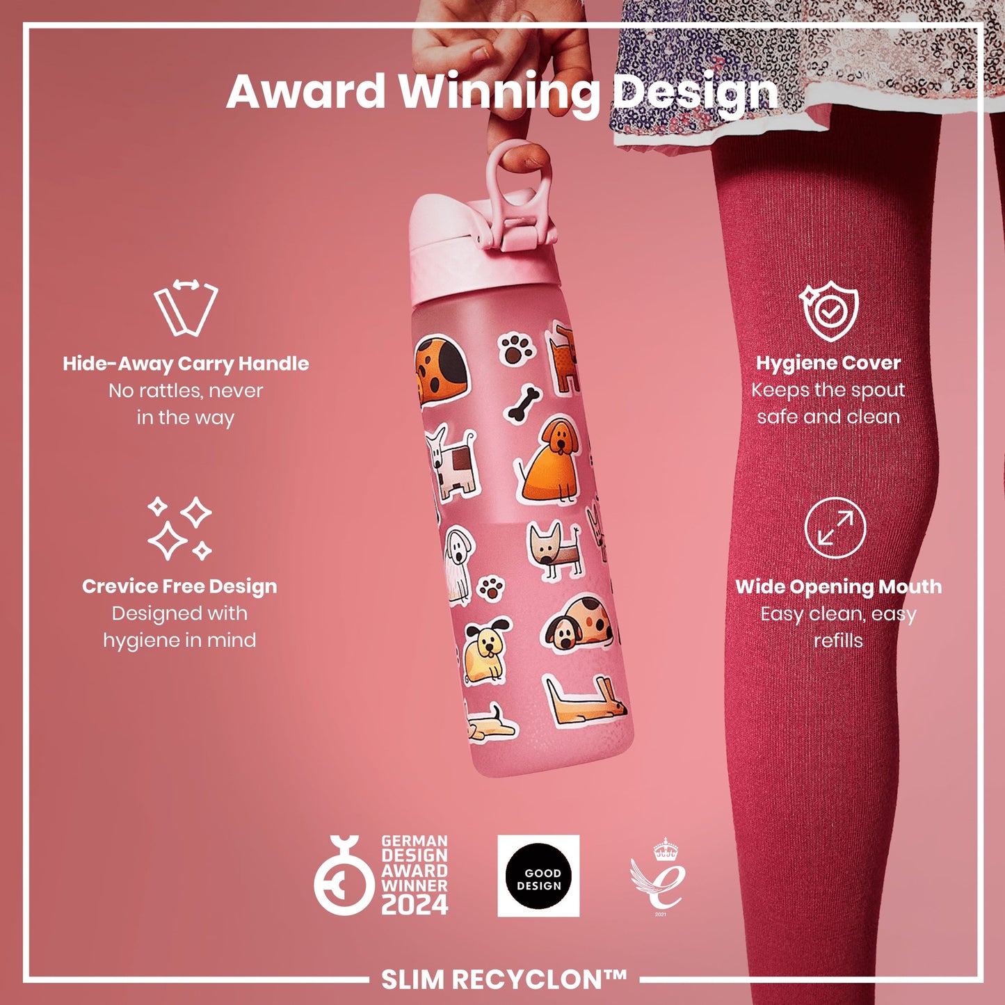 Leak Proof Slim Water Bottle, Recyclon, Dogs, 500ml (18oz)