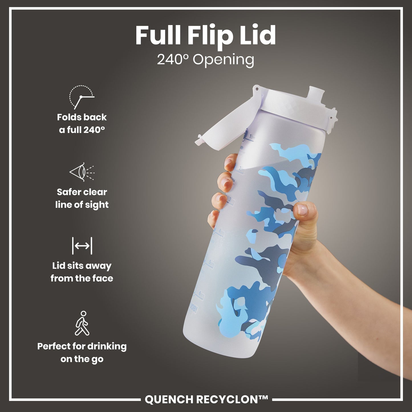 Leak Proof 1 Litre Water Bottle with Times to Drink, Recyclon, Camouflage, 1L