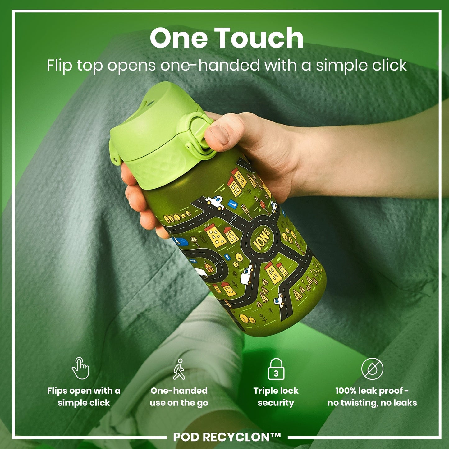 Leak Proof Kids Water Bottle, Recyclon, Cars, 350ml (12oz)
