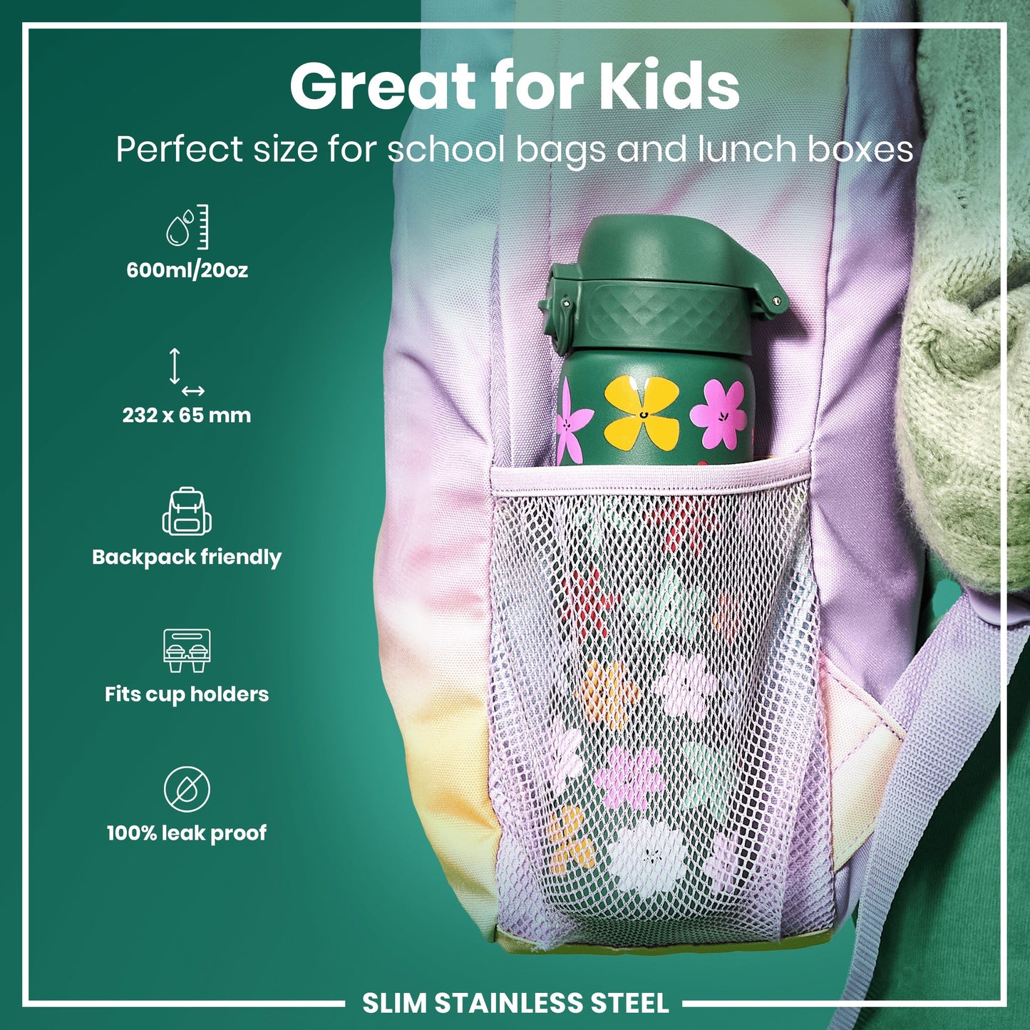 Leak Proof Slim Water Bottle, Stainless Steel, Floral, 600ml (20oz)