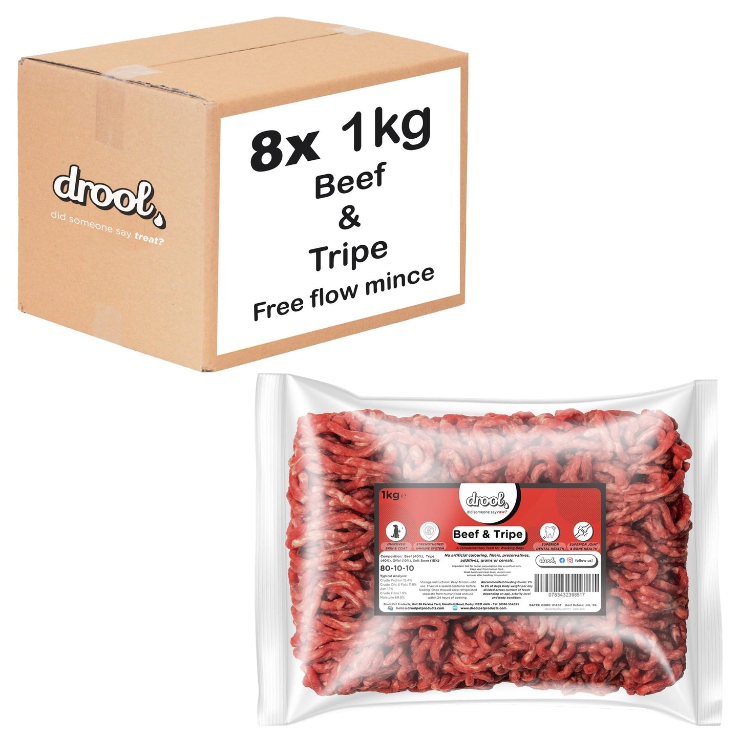 Drool Mince Freeflow Beef & Tripe 1kg - 8 pack box
