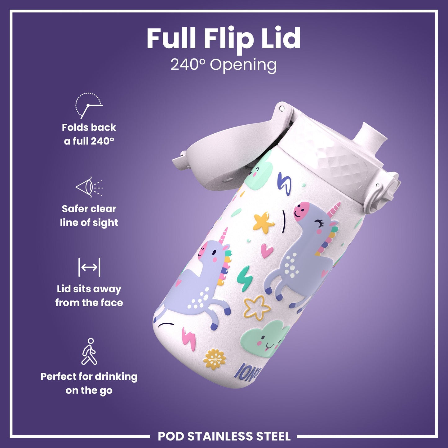 Leak Proof Kids Water Bottle, Stainless Steel, Unicorns, 400ml (13oz)