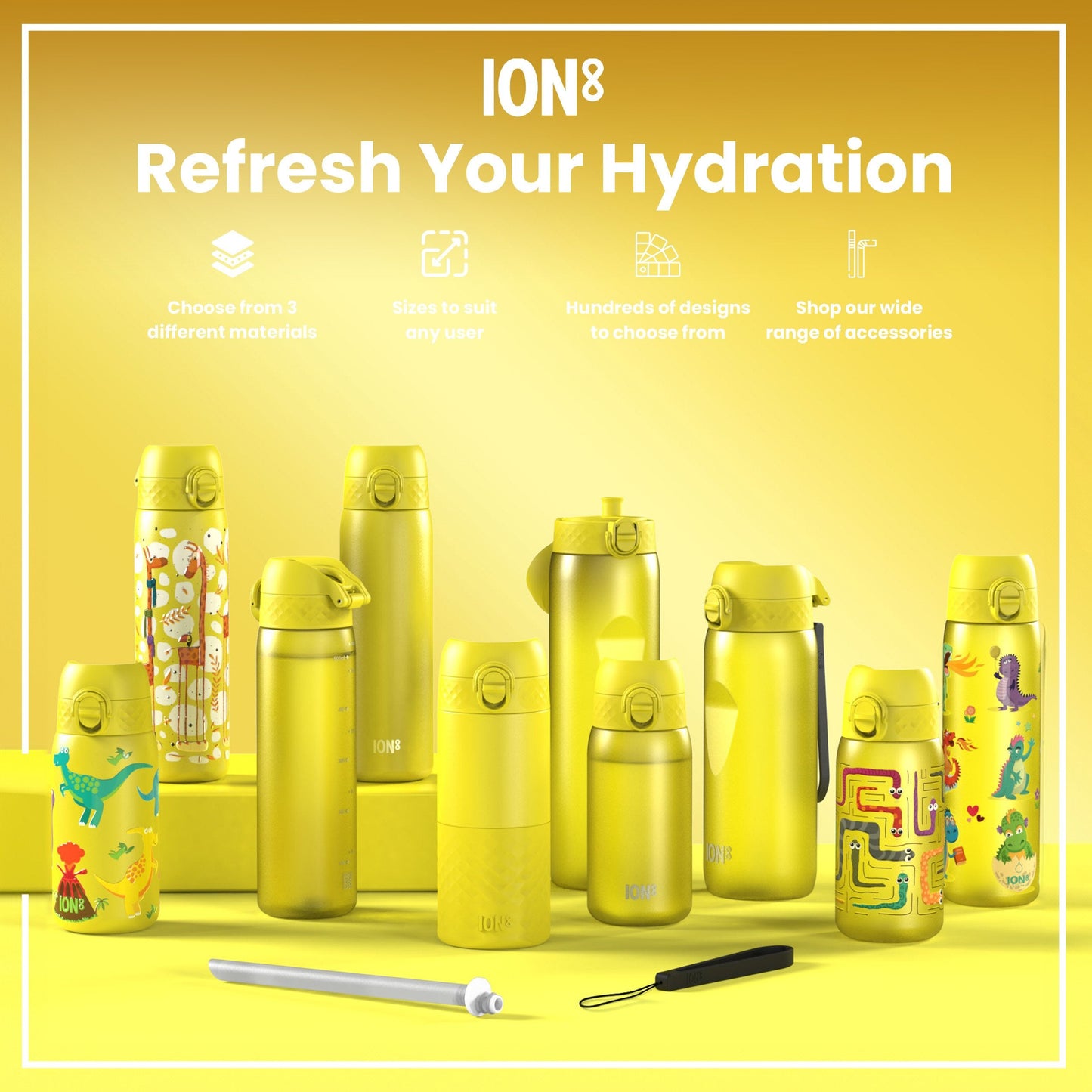 Leak Proof Slim Water Bottle, Recyclon, Yellow Unicorns, 500ml (18oz)