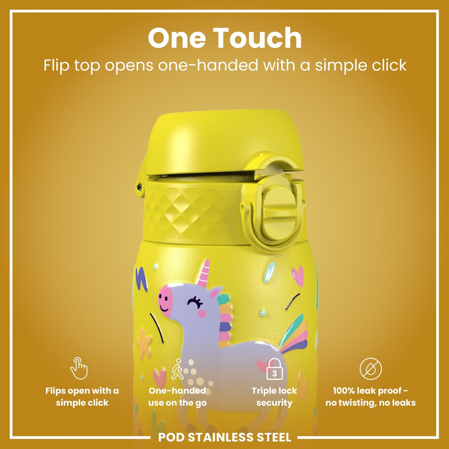 Leak Proof Kids Water Bottle, Stainless Steel, Yellow Unicorns, 400ml (13oz)