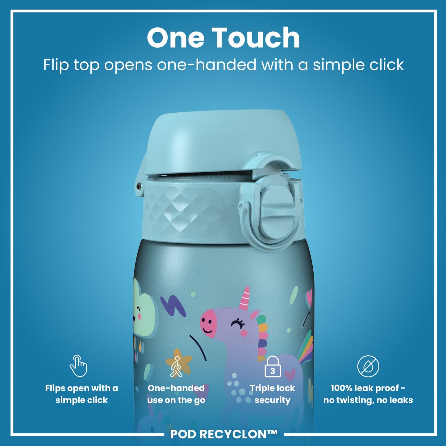 Leak Proof Kids Water Bottle, Recyclon, Blue Unicorns, 350ml (12oz)