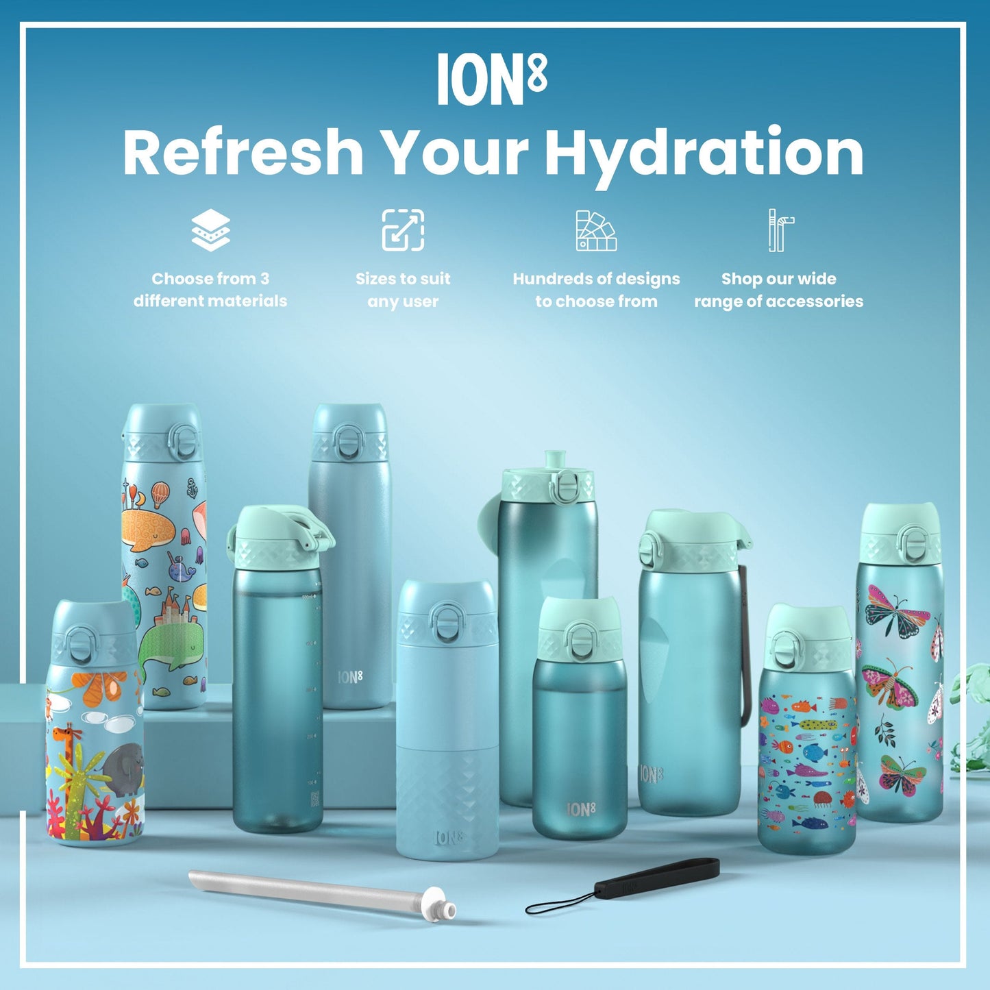 Leak Proof Kids Water Bottle, Recyclon, Blue Unicorns, 350ml (12oz)