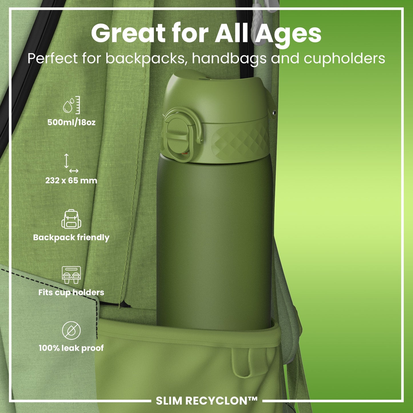 Leak Proof Slim Water Bottle, Recyclon, Khaki Green, 500ml (18oz)
