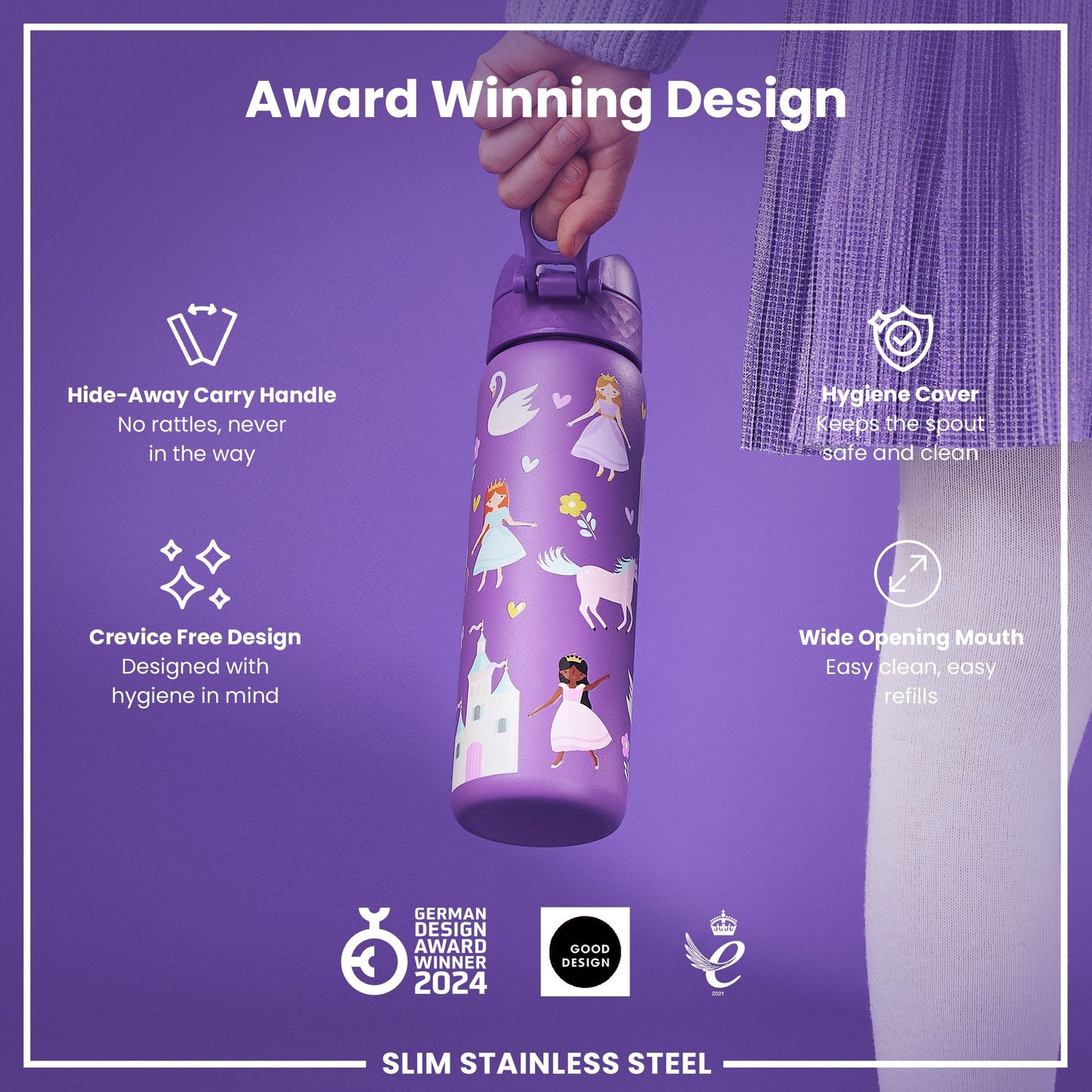 Leak Proof Slim Thermal Water Bottle, Insulated Steel, Princess, 500ml (17oz)