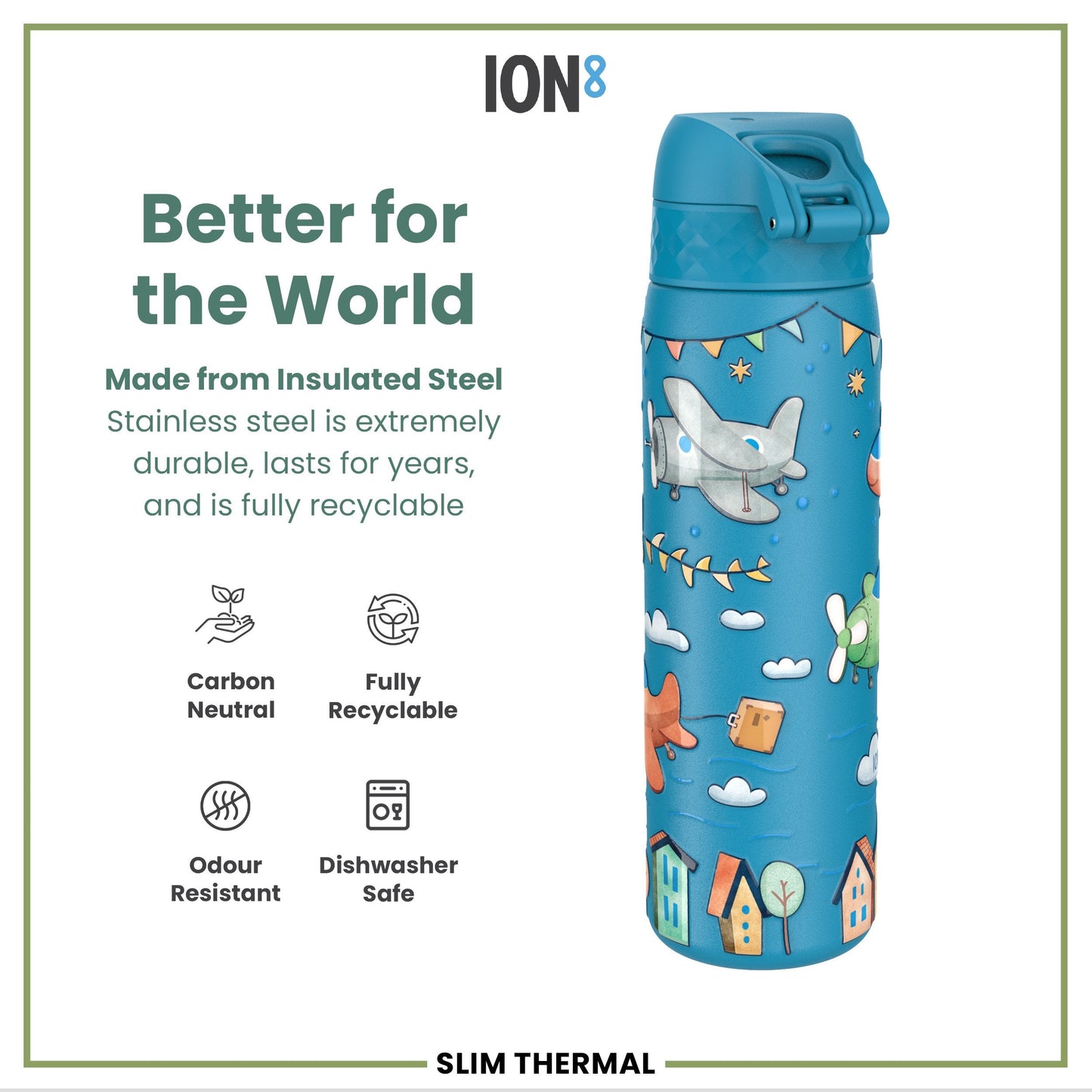 Leak Proof Slim Thermal Water Bottle, Insulated Steel, Airplanes, 500ml (17oz)