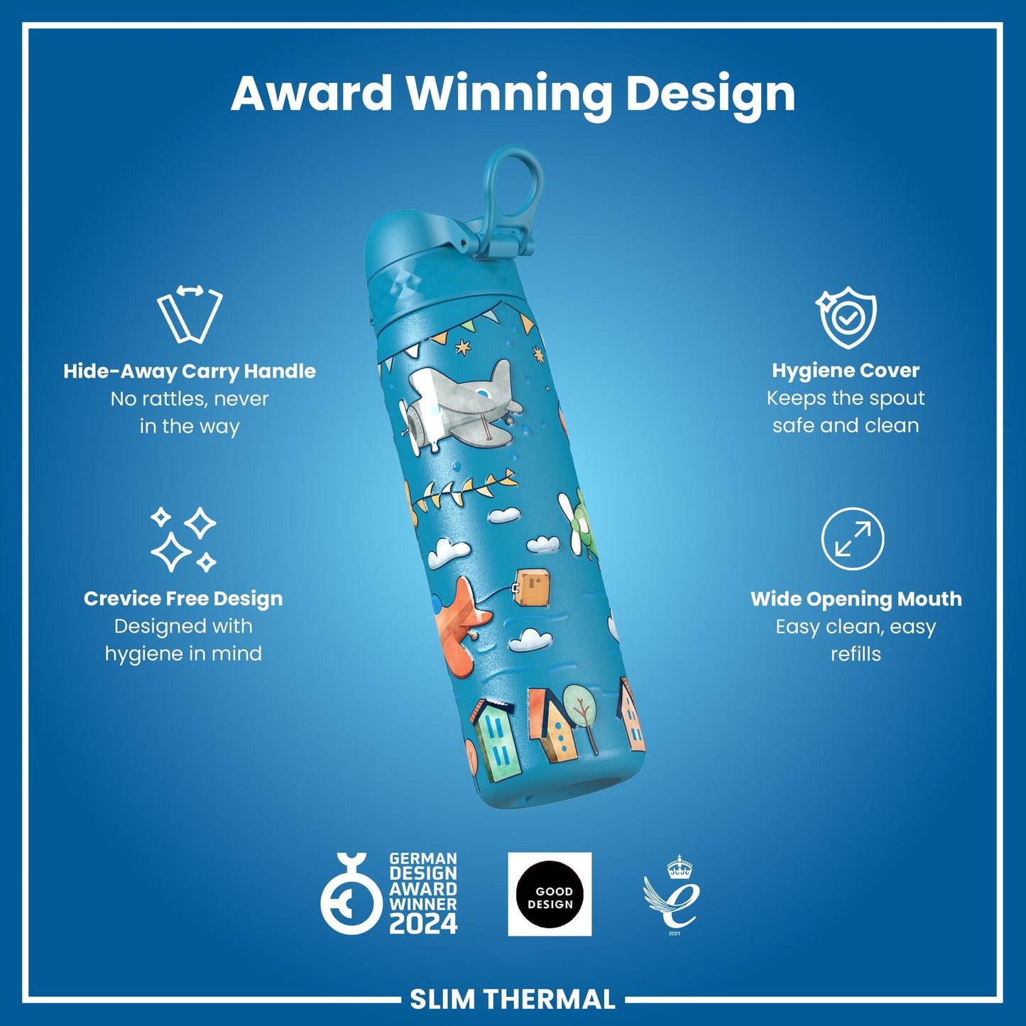 Leak Proof Slim Thermal Water Bottle, Insulated Steel, Airplanes, 500ml (17oz)