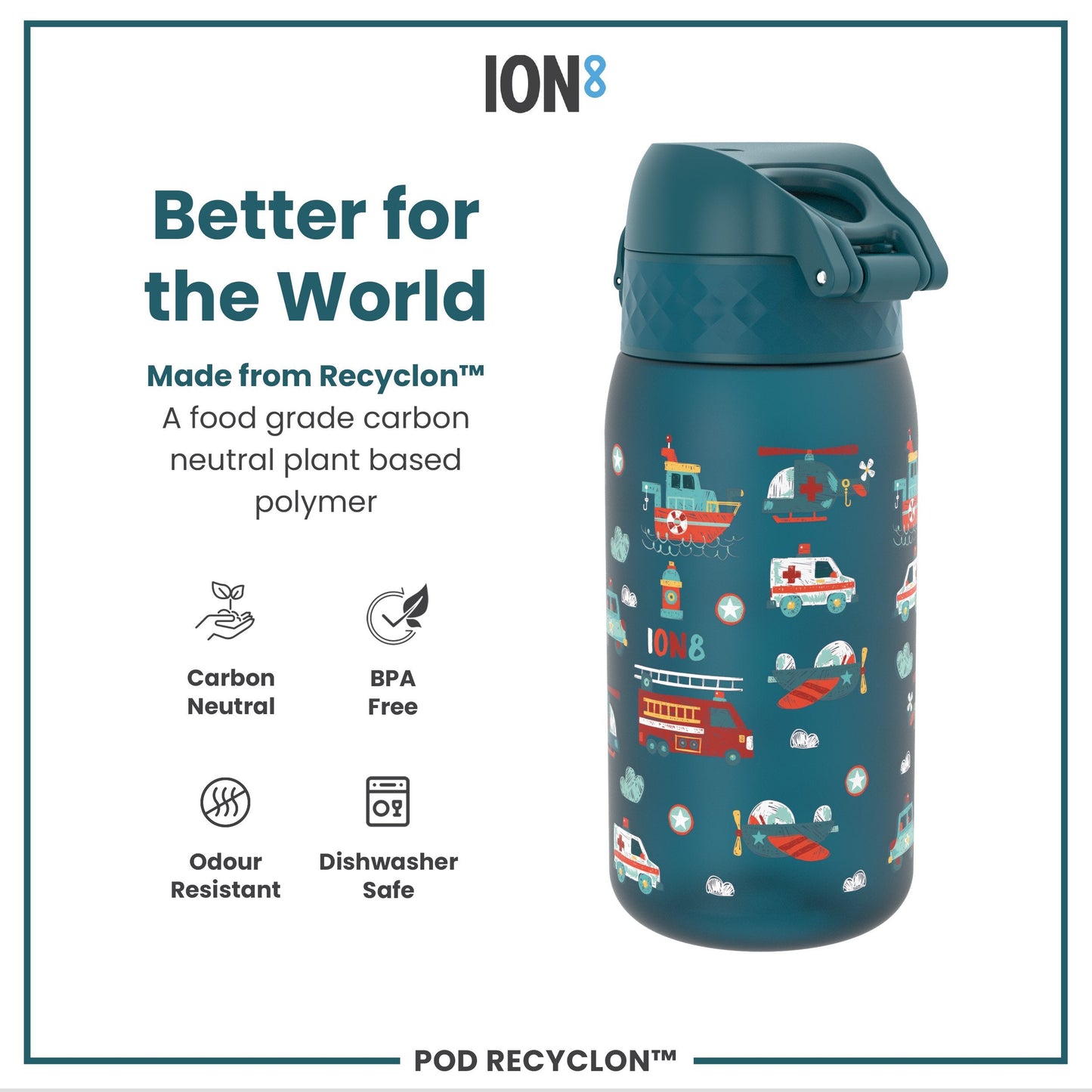 Leak Proof Kids Water Bottle, Recyclon, Rescue Vehicles, 350ml (12oz)