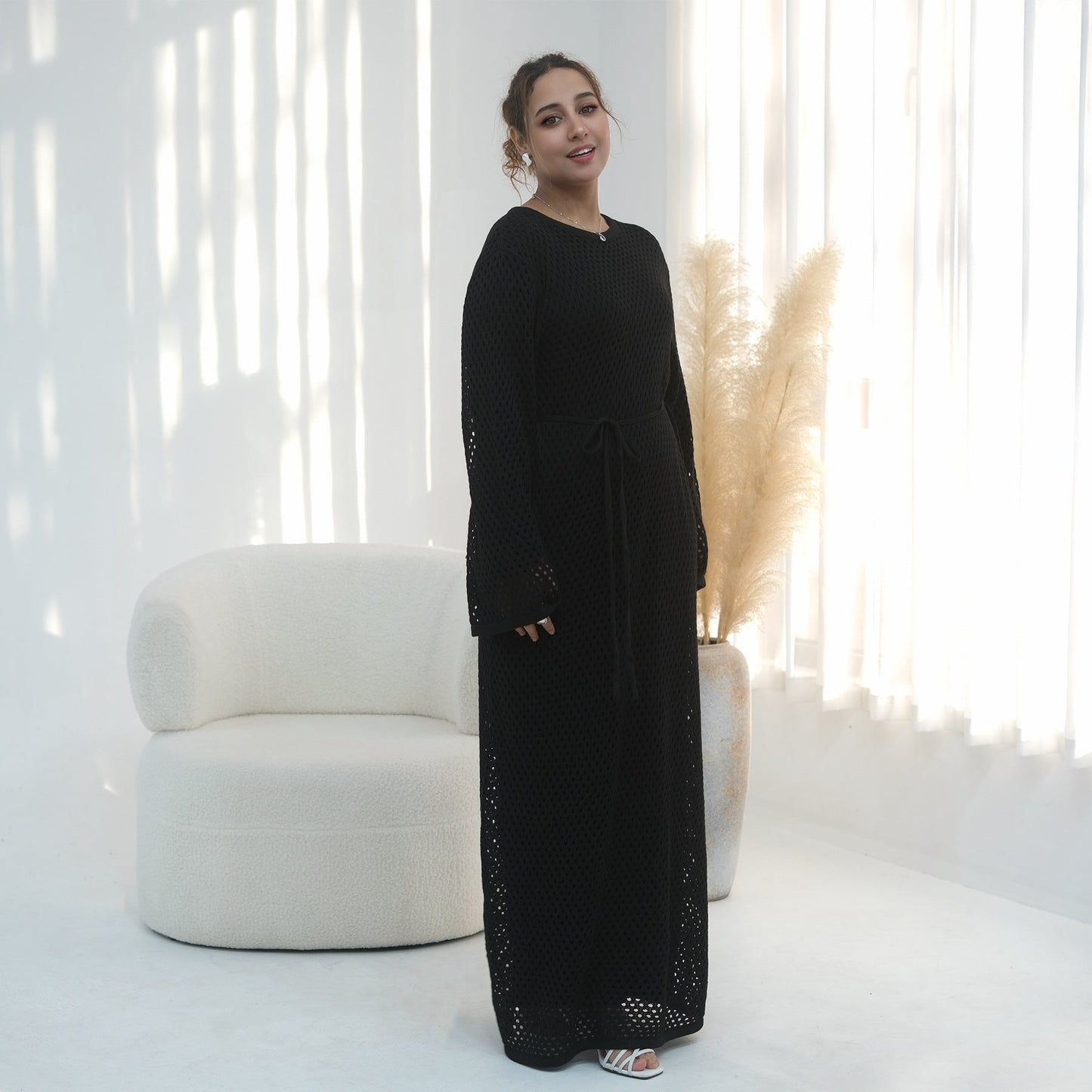Elegant Hollow-Out Knit Dress - Modest A-Line Long Sleeve