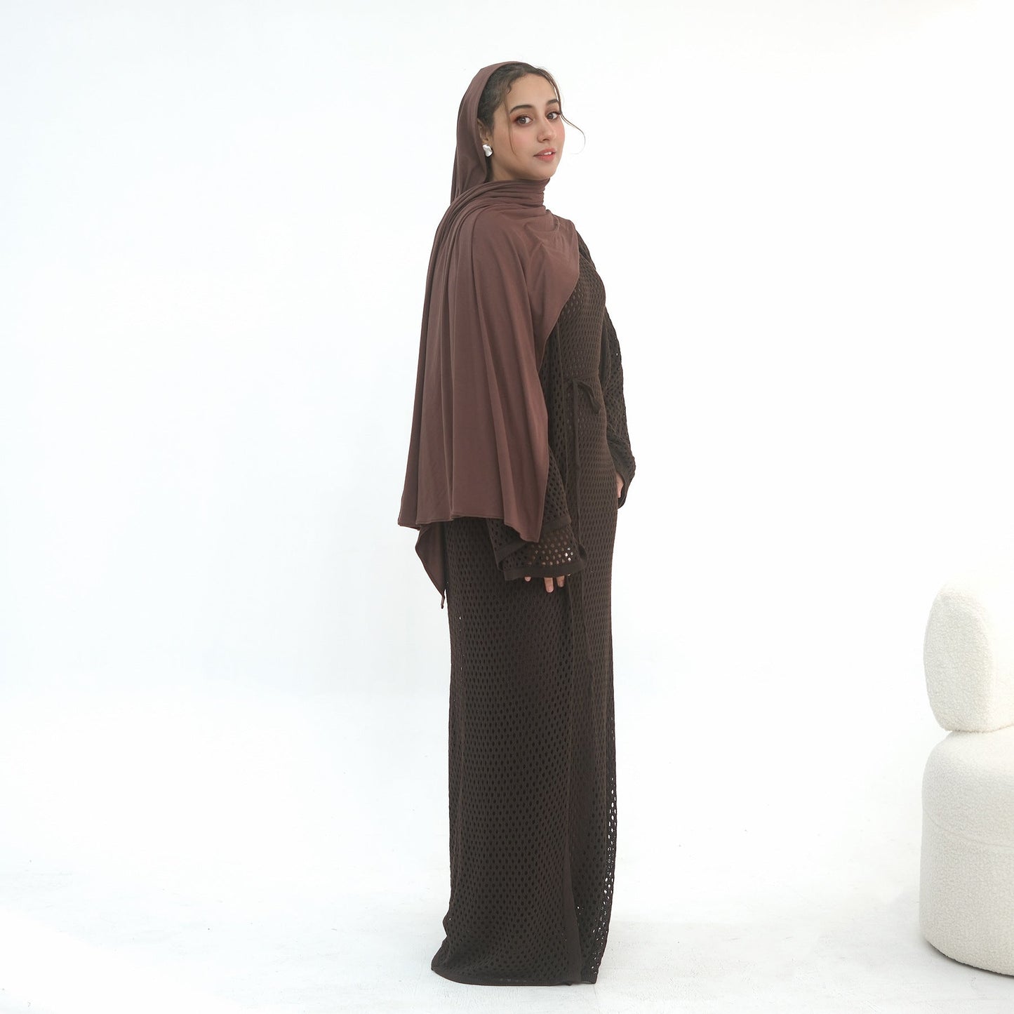 Elegant Hollow-Out Knit Dress - Modest A-Line Long Sleeve