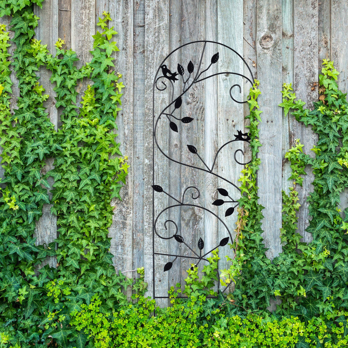 Relaxdays Bird Trellis, Metal Garden Lattice, Climbing Aid for Plants, 120 x 40 cm, Vine Design, Black