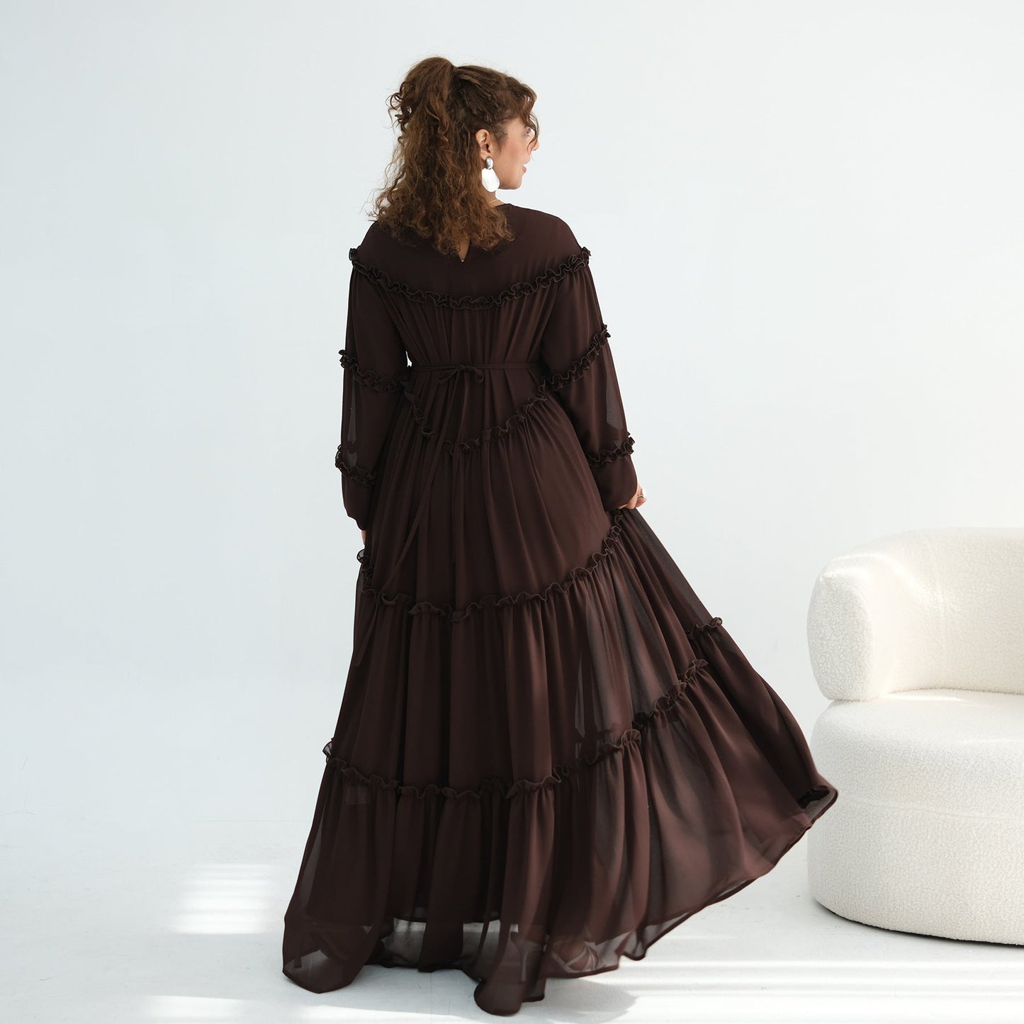 Lace-Trimmed Tiered Modest Dress - Long Sleeve A-Line Maxi