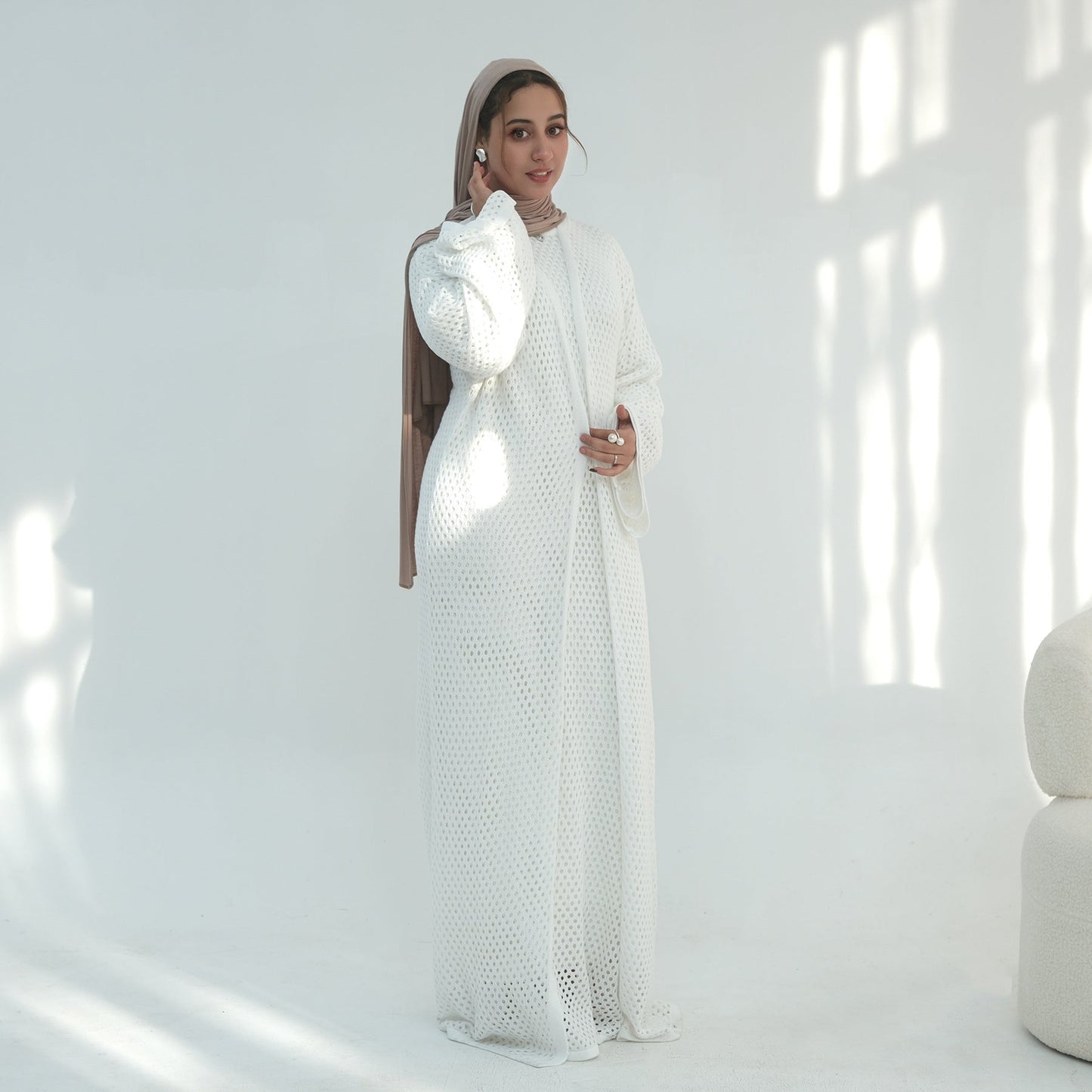 Elegant Hollow-Out Knit Dress - Modest A-Line Long Sleeve