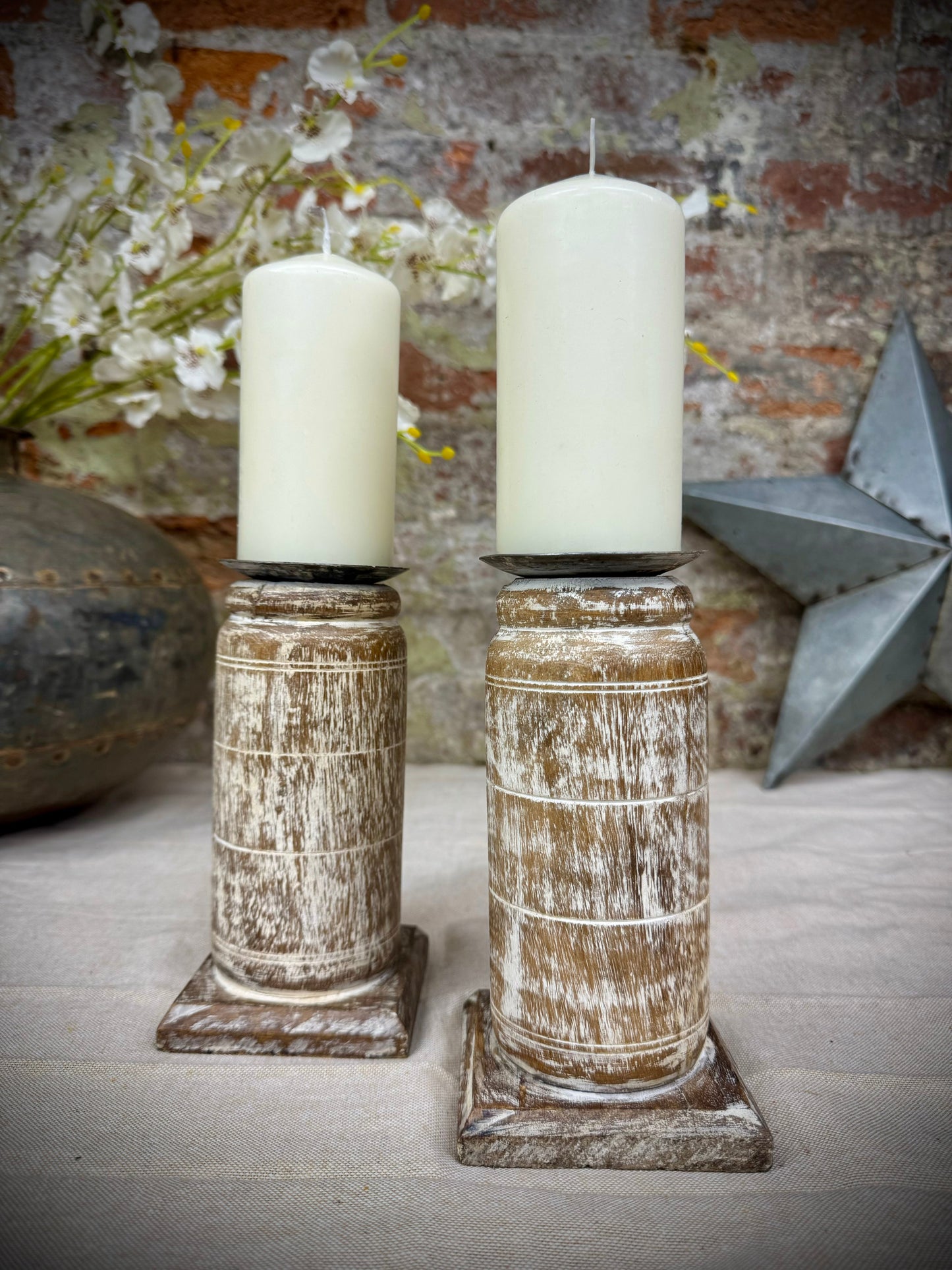 Pair Of Rustic Wooden Candle Holders / Large Church Candle Candlesticks /
