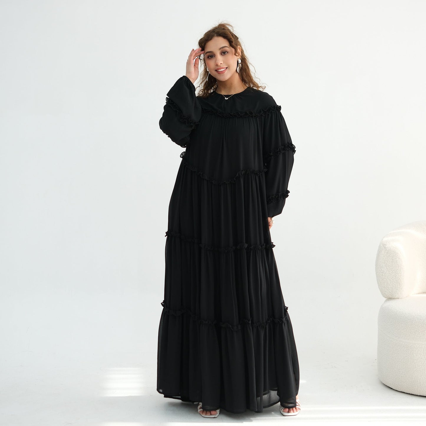 Lace-Trimmed Tiered Modest Dress - Long Sleeve A-Line Maxi