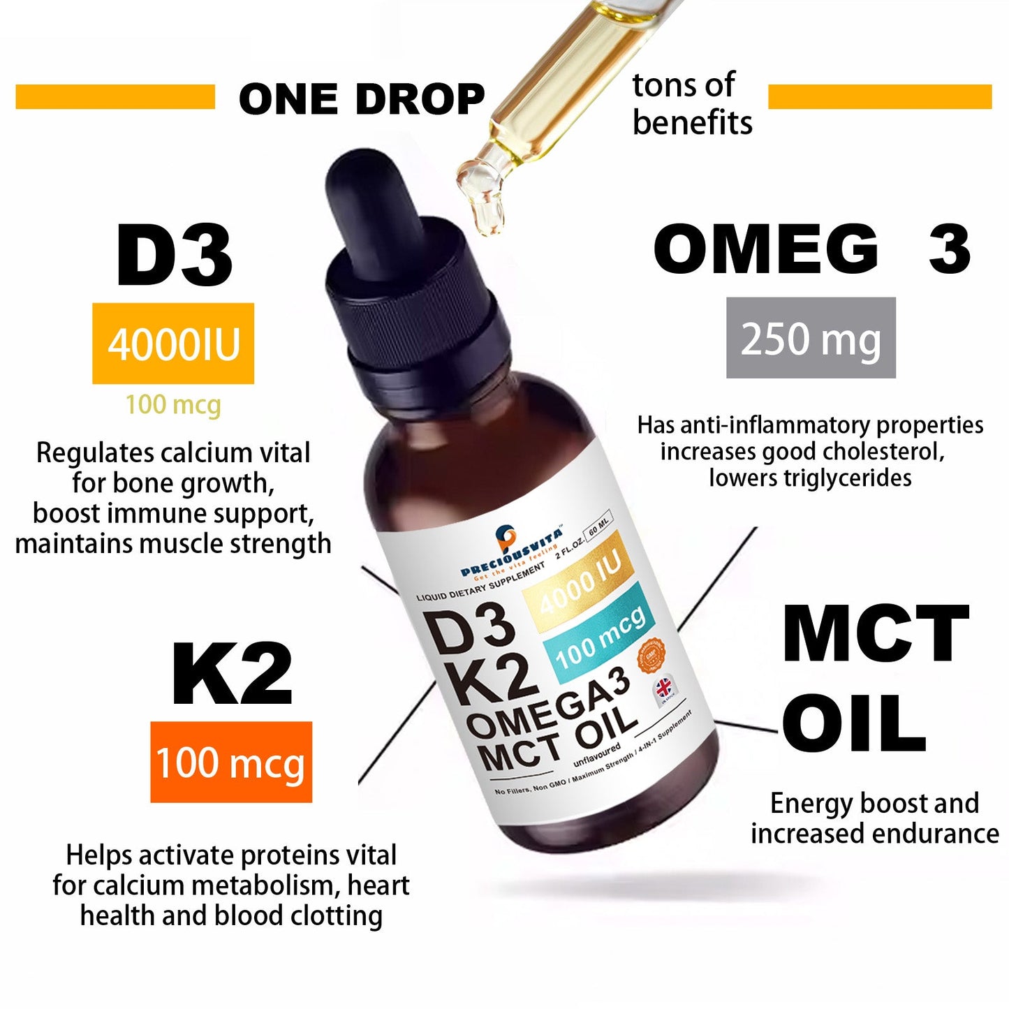 Preciousvita Vitamin D3K2 Liquid Drops,Vitamin D3 4000iu & Vitamin K2 100MCG,Unflavoured,60ml