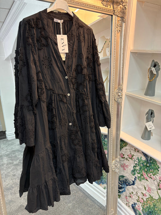 Black Cotton Flower Dress – One Size (Fits 8–18)