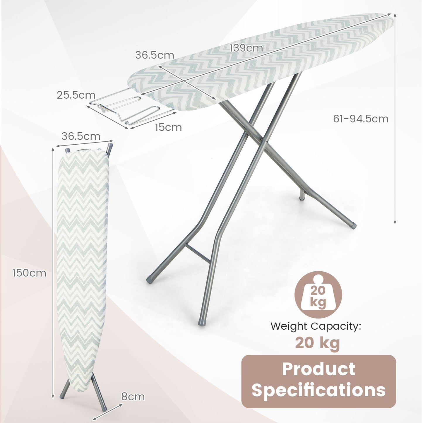 154 x 36cm Folding Ironing Board with Extra Cotton Cover-Grey