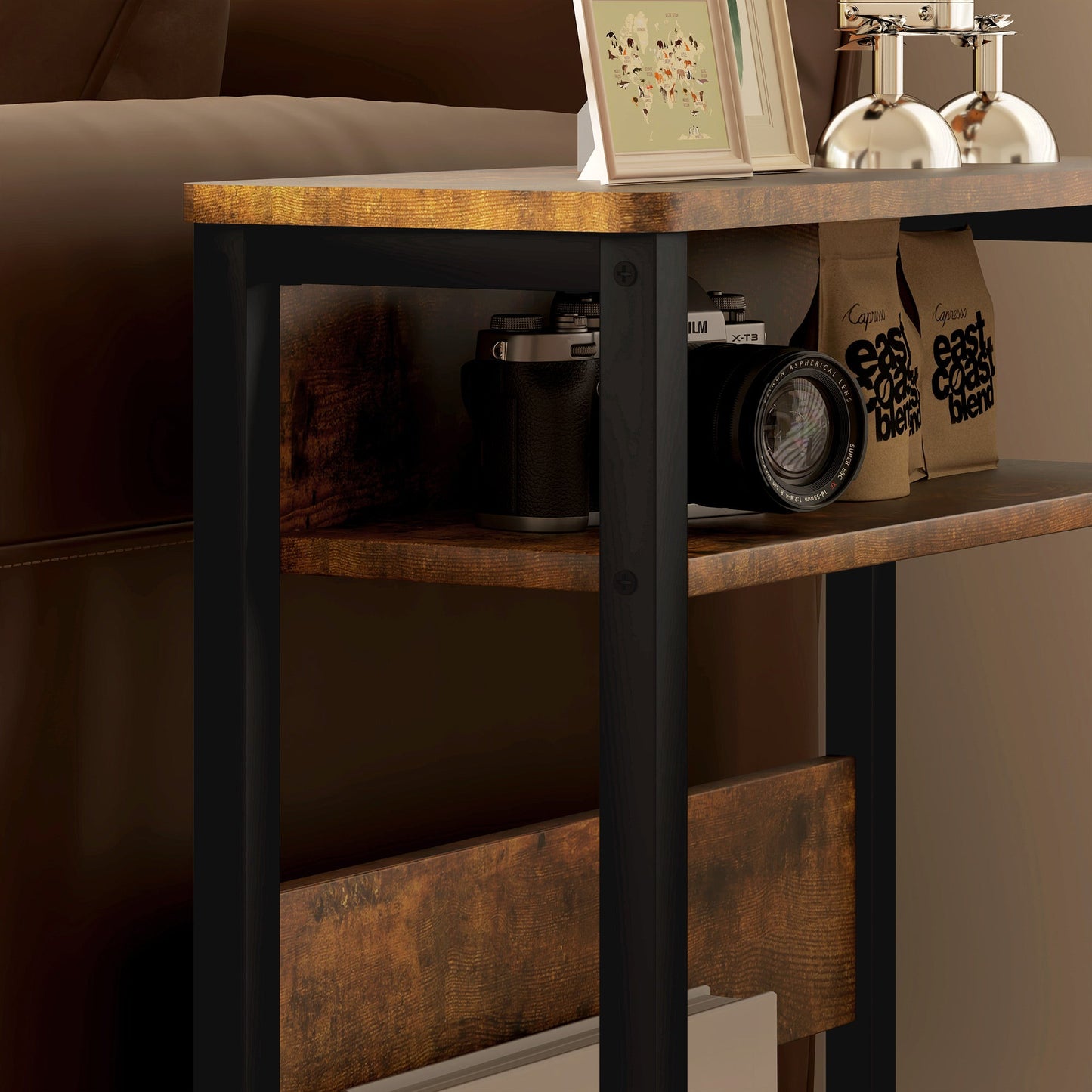 HOMCOM Narrow Side Table with Storage, Bedside End Table, Rustic Brown