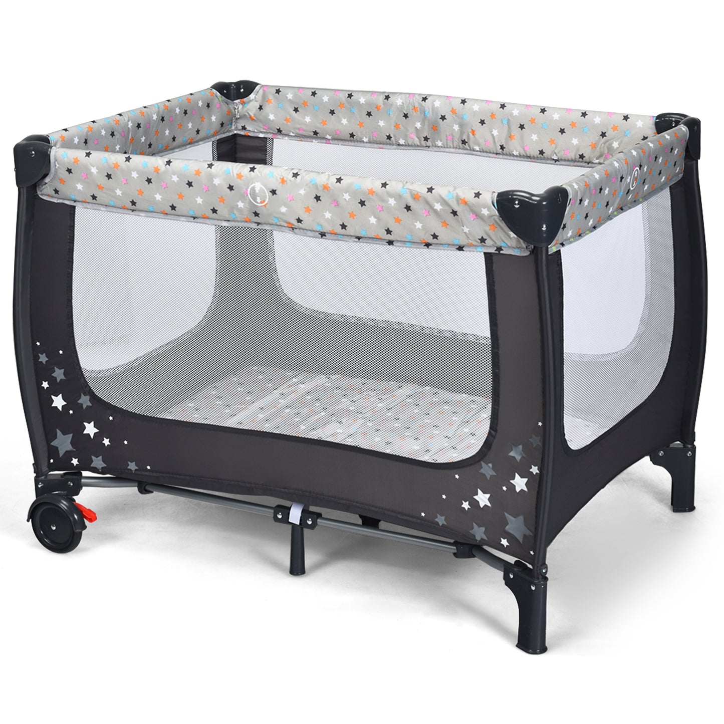 2-in-1 Foldable Baby Playpen with Lockable Wheels and Mattress-Blue