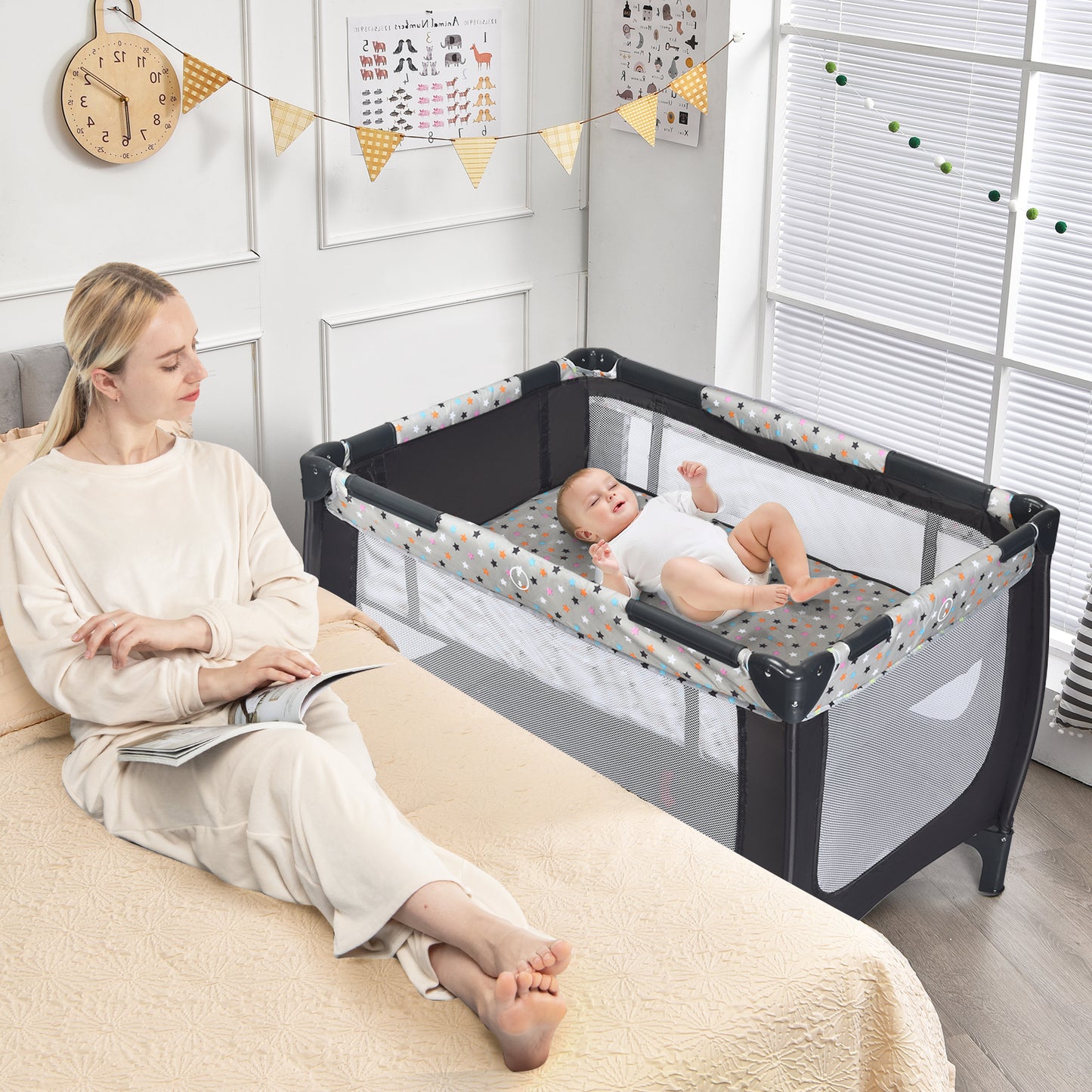 2-in-1 Foldable Baby Playpen with Lockable Wheels and Mattress-Blue