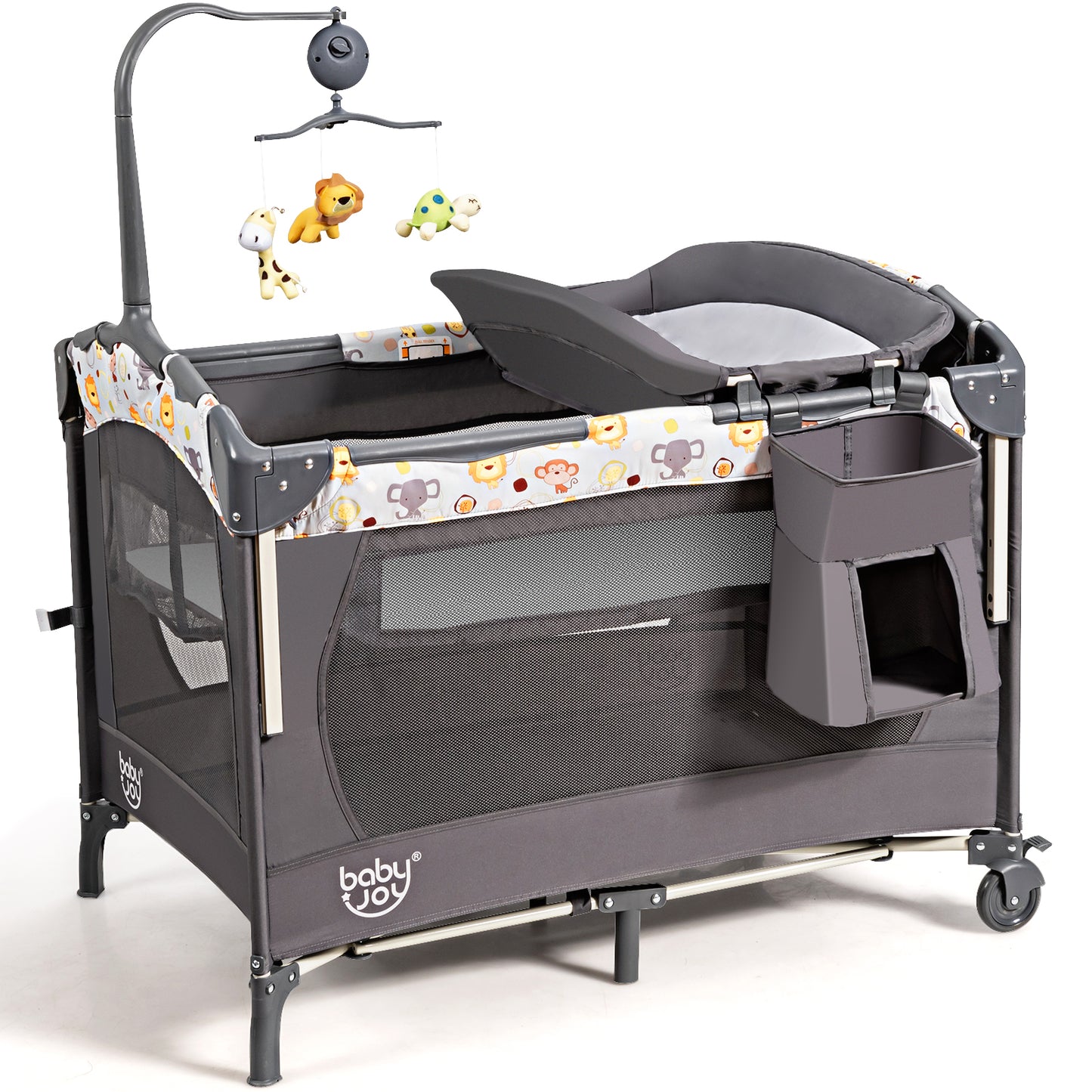 3-in-1 Foldable Baby Travel Cot with Changing Tab and Mattress-Dark Grey
