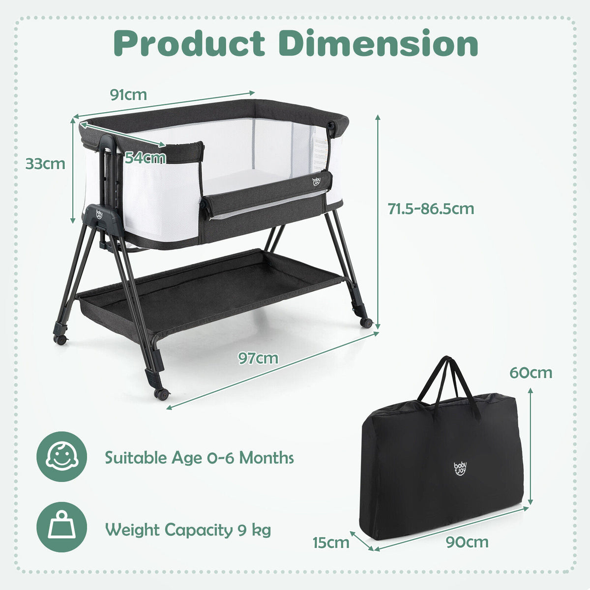 Baby Bedside Crib with Mattress for Birth to 9kg-Grey