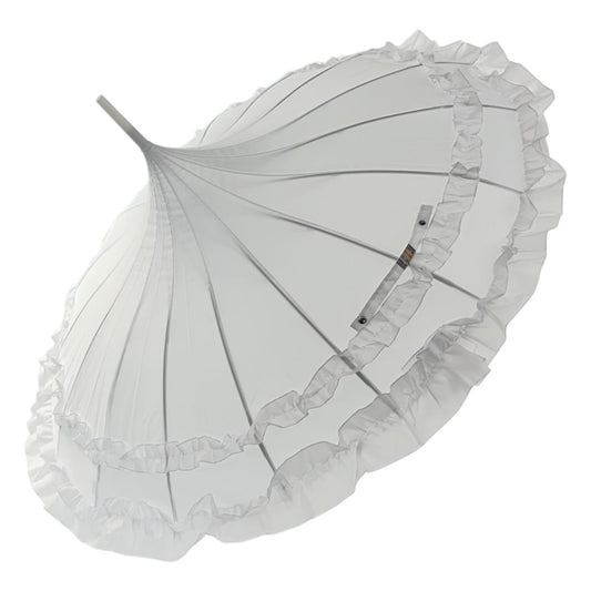 Boutique Frilled Pagoda Umbrella White with white handle