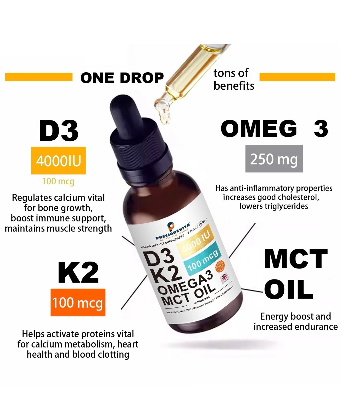 Preciousvita Vitamin D3K2 Liquid Drops,Vitamin D3 4000iu & Vitamin K2 100MCG,Unflavoured,60ml