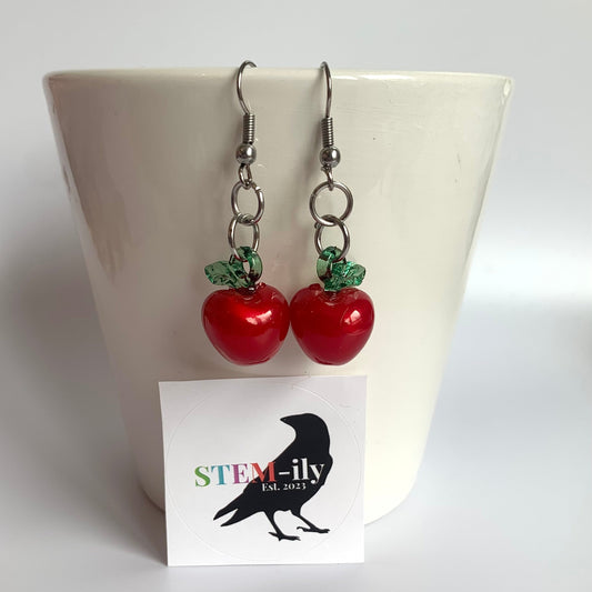 Red and green stainless steel apple teacher drop dangle earrings on hypoallergenic surgical steel hooks