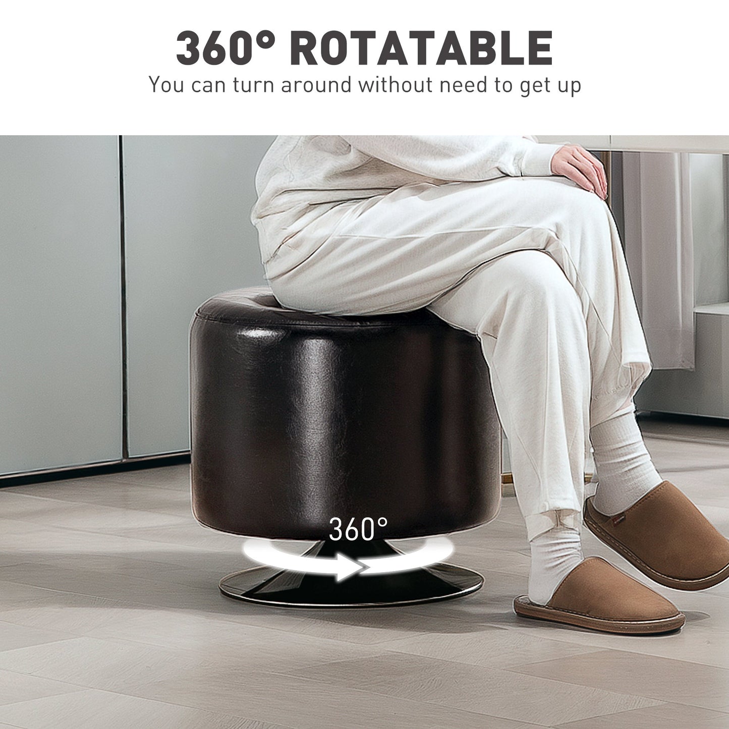 HOMCOM 360° Swivel Foot Stool PU Footstool with Thick Padding Brown