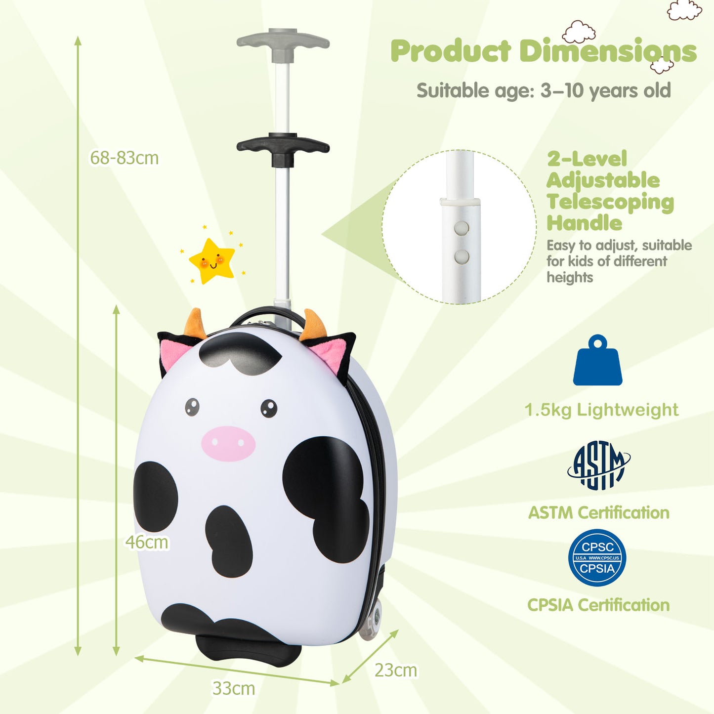16 Inch Kids Luggage with Light-up Wheels and Telescopic Handle-Pink Horse