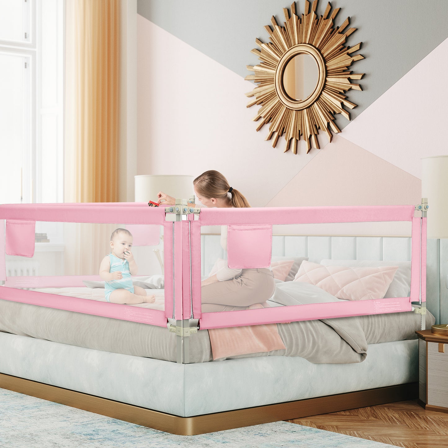 175 cm Infant Safety Bed Guardrail with Anti-Collision Cotton and Side Pocket-Blue