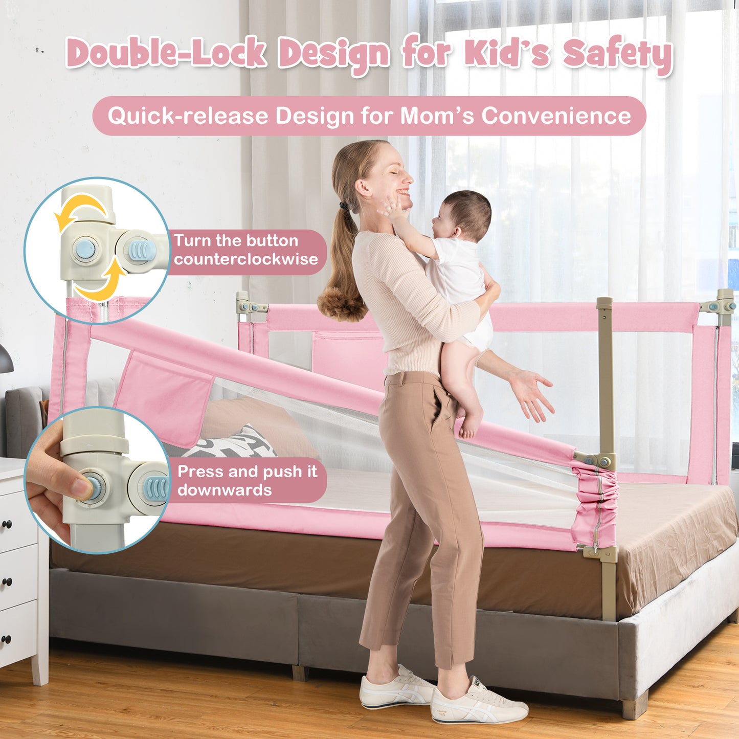 175 cm Infant Safety Bed Guardrail with Anti-Collision Cotton and Side Pocket-Blue