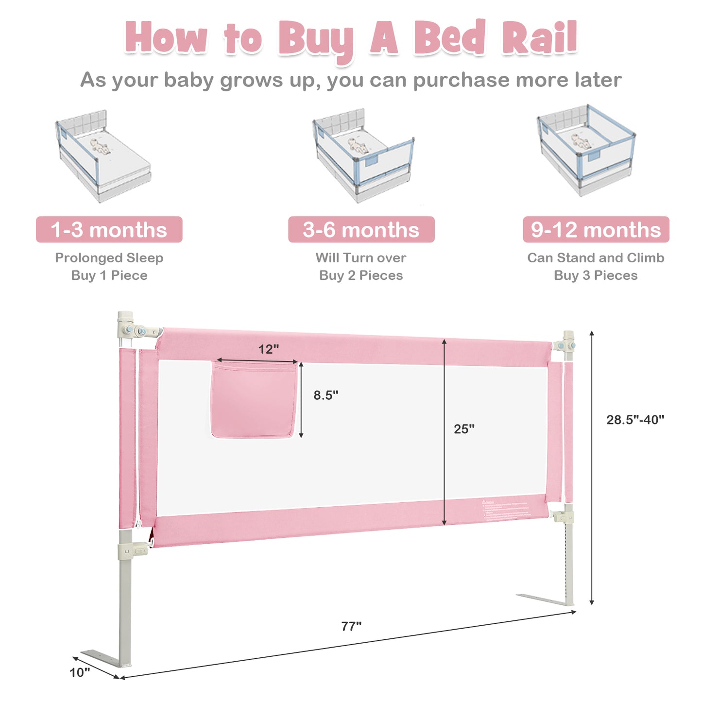 175 cm Infant Safety Bed Guardrail with Anti-Collision Cotton and Side Pocket-Blue