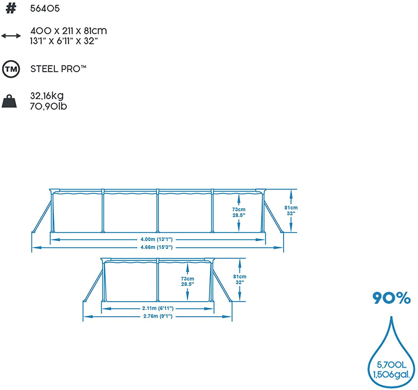 Bestway Steel Pro Family Pool - 400 x 211 x 81 cm - Blue