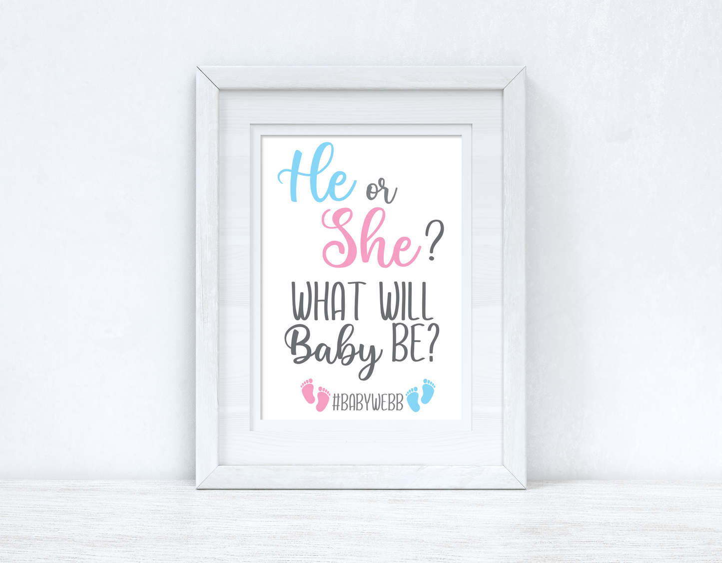 He Or She? What Will Baby Be? Custom #Last Name Baby Announcement Unisex Simple Room Wall Decor Print