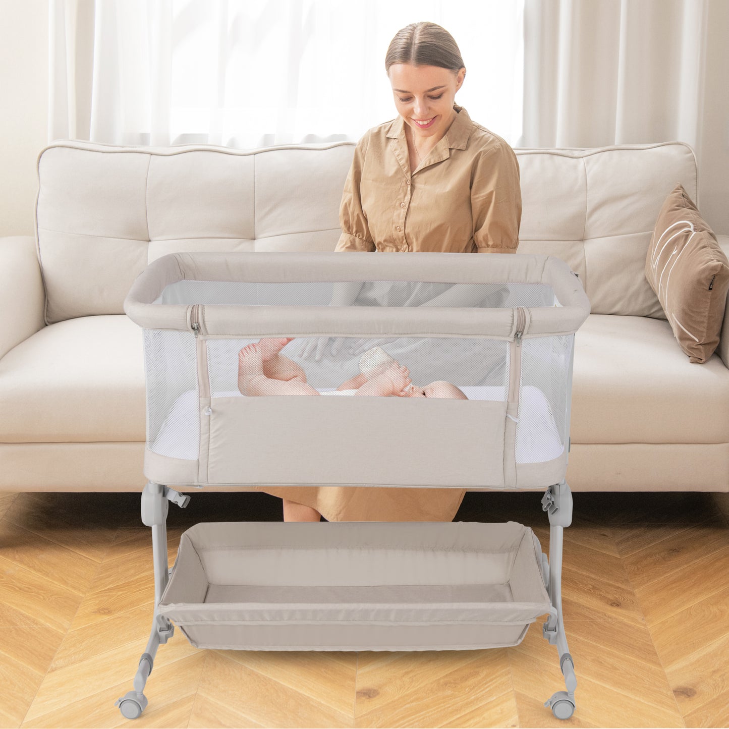 Baby Bassinet Bedside Sleeper with 6-Level Adjustable Height and Storage Shelf-Beige