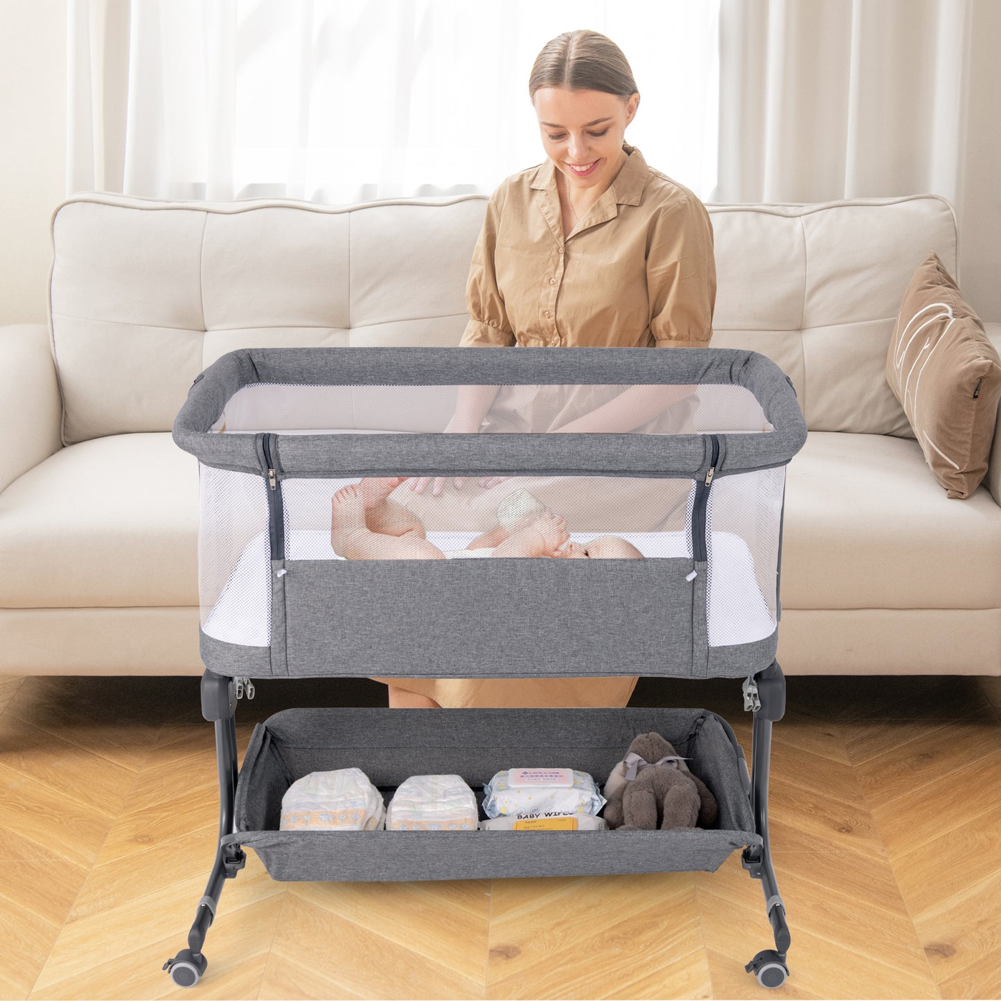 Baby Bassinet Bedside Sleeper with 6-Level Adjustable Height and Storage Shelf-Beige