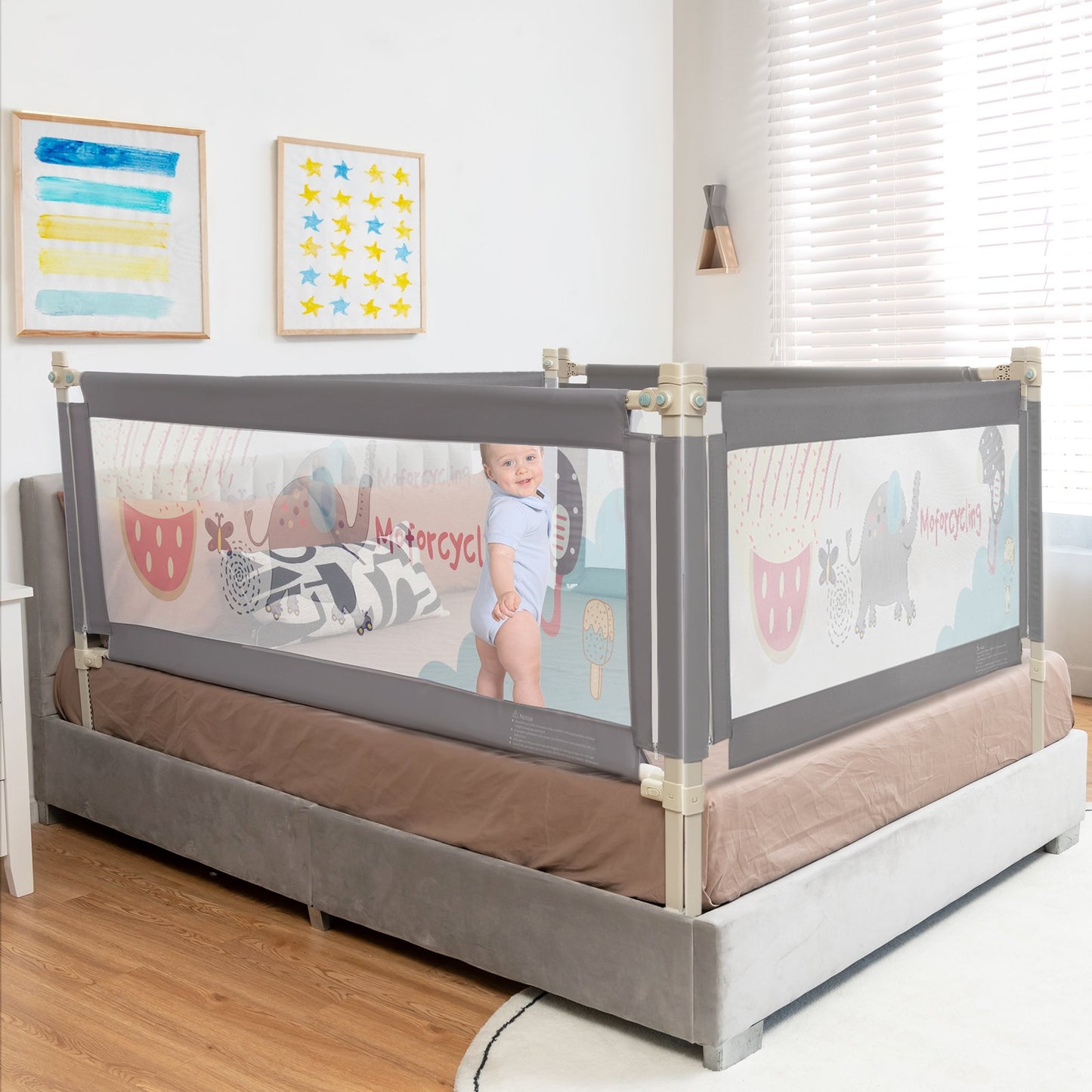 175CM Baby Bed Rail Guard with Double Safety Lock and Adjustable Height-Dark Grey